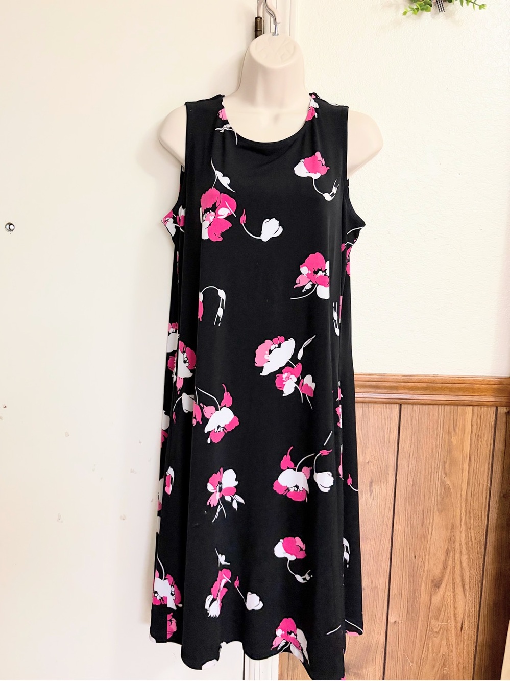 Susan Graver Black Floral Midi Dress with Pink and White Blooms